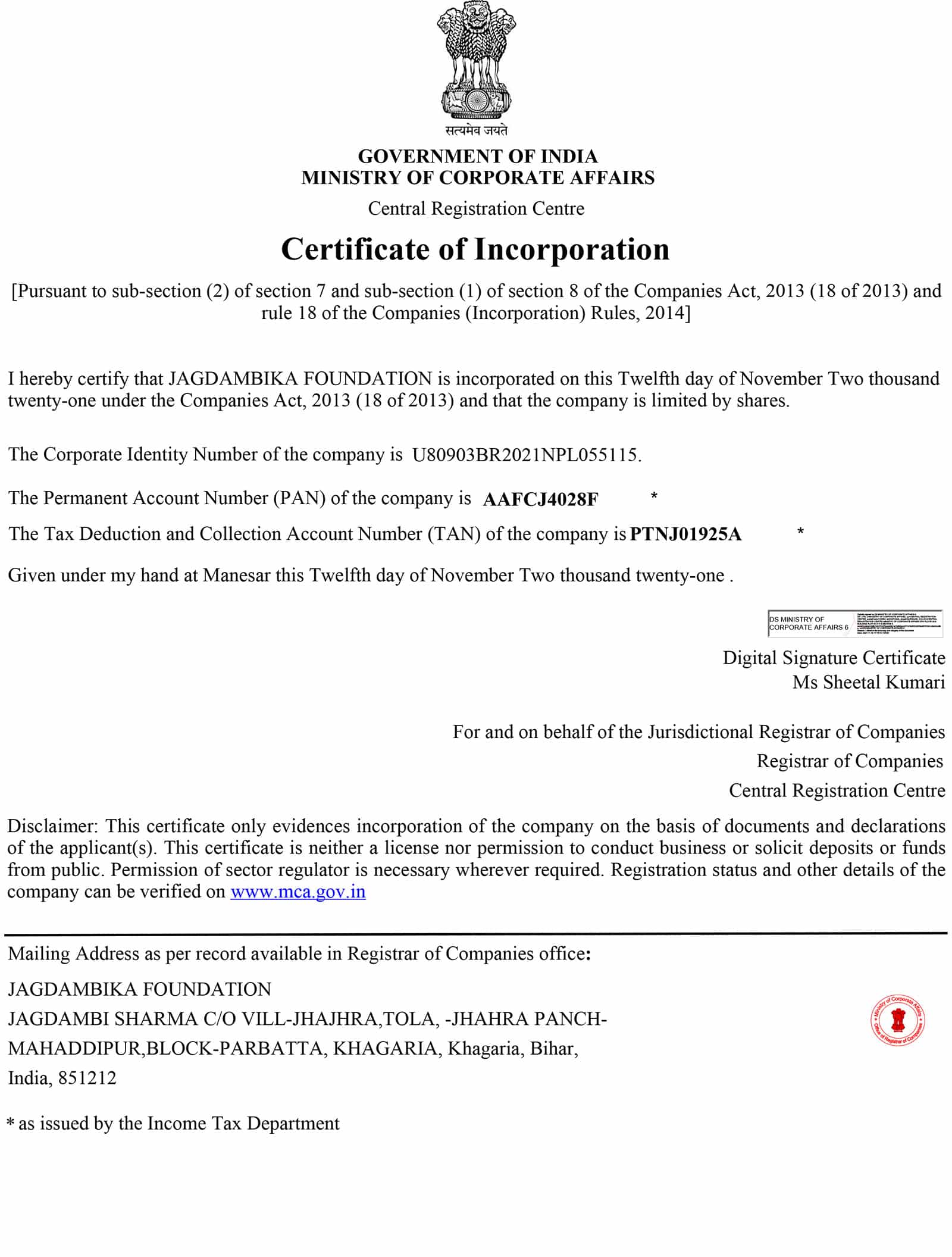 Certificate of Incorporation